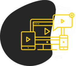 Black blob shape with yellow outline of different devices displaying a play button