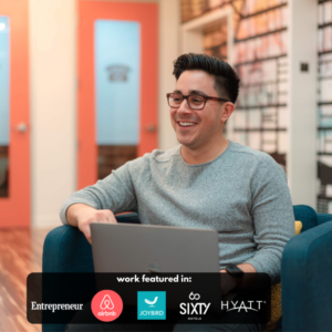 A photo of web copy expert Terry Schilling in a co-working office sat on a green armchair with a Macbook on his lap. There are 4 company logos overlaid which say "work featured in Entrepreneur, AirBnB, Joybird, Sixty Hotels, and Hyatt"