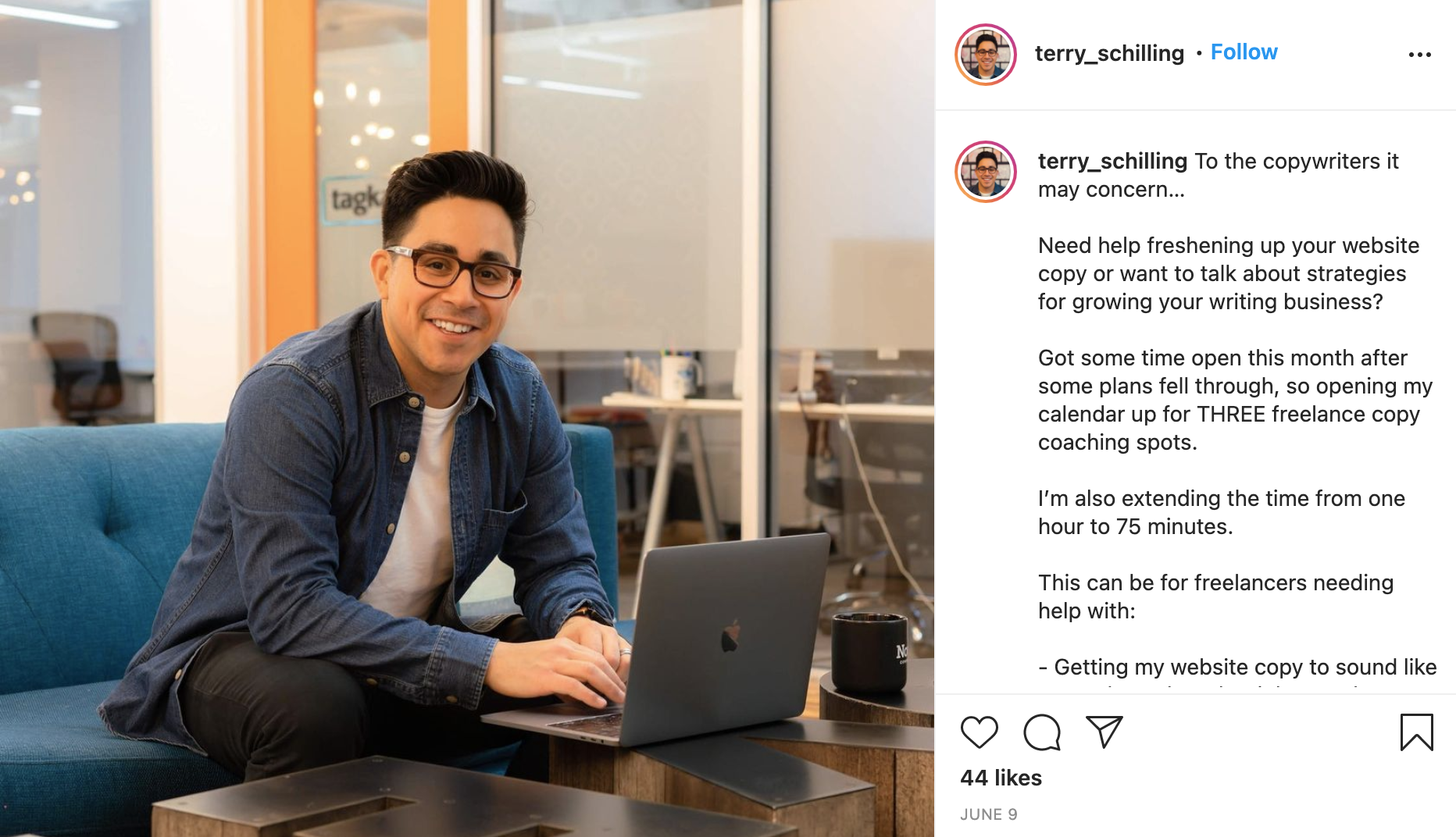 Instagram post showing a photo of Terry Schilling sitting in front of a laptop and a caption on the right hand side.