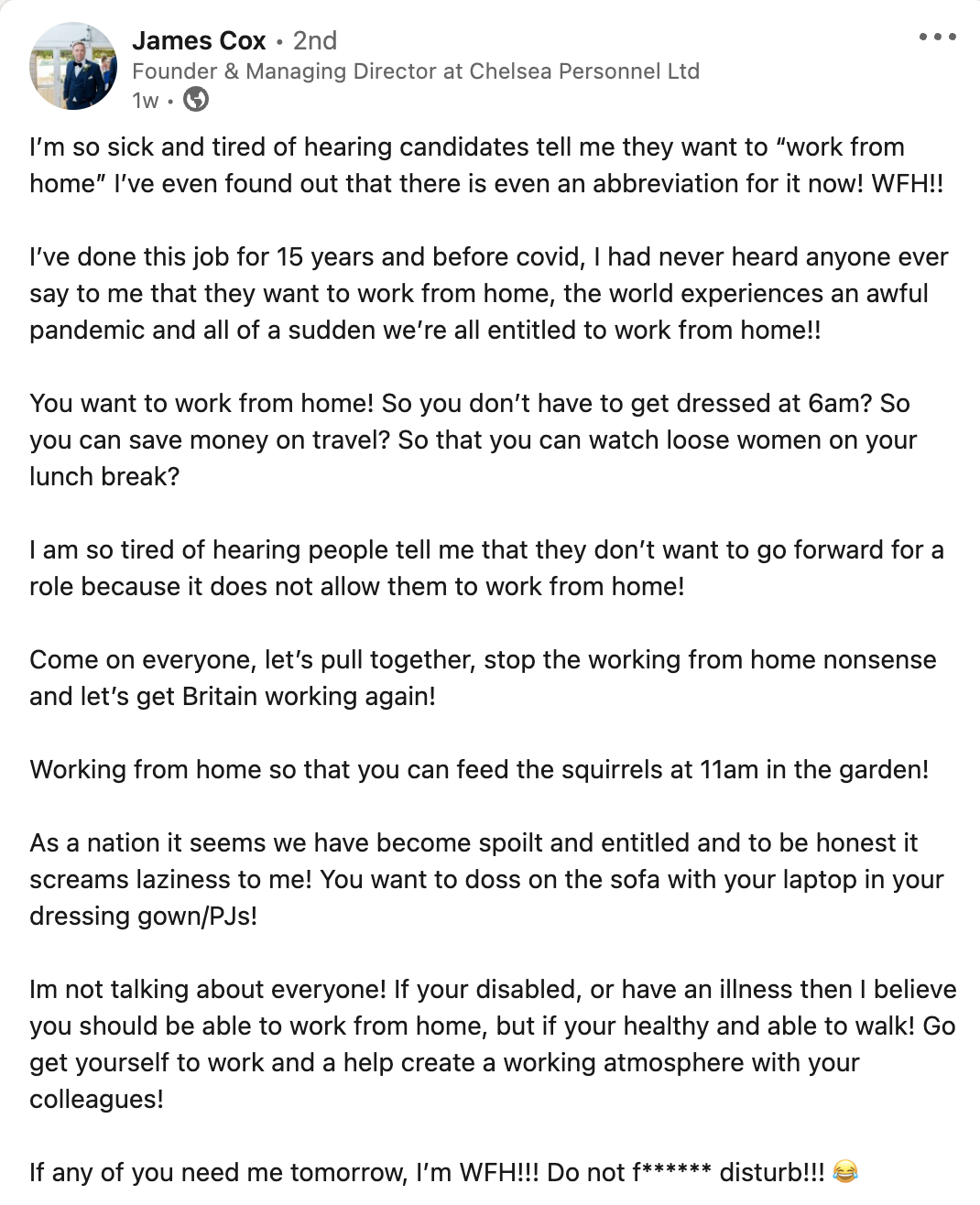 Screenshot of a LinkedIn post by James Cox, ranting about working from home.