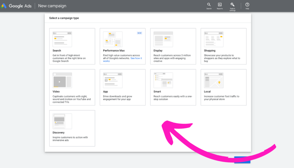 Google Ads Campaign Type Screen