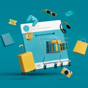 Graphic of a social post, with shopping bags, credit cards, and apparel appearing to float from the post.