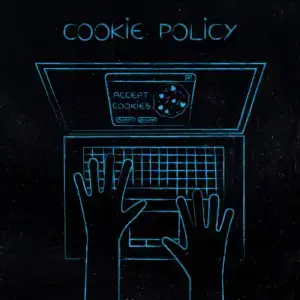 Sketch outline of a laptop, with hands typing on the keyboard. On the screen it says "delete cookies" and above the laptop sketch are the words COOKIE POLICY
