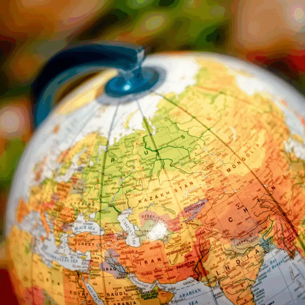 Close-up of a colorful globe Europe and Asia.