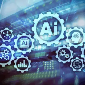 Abstract image of interconnected gears, featuring AI symbols and digital elements.