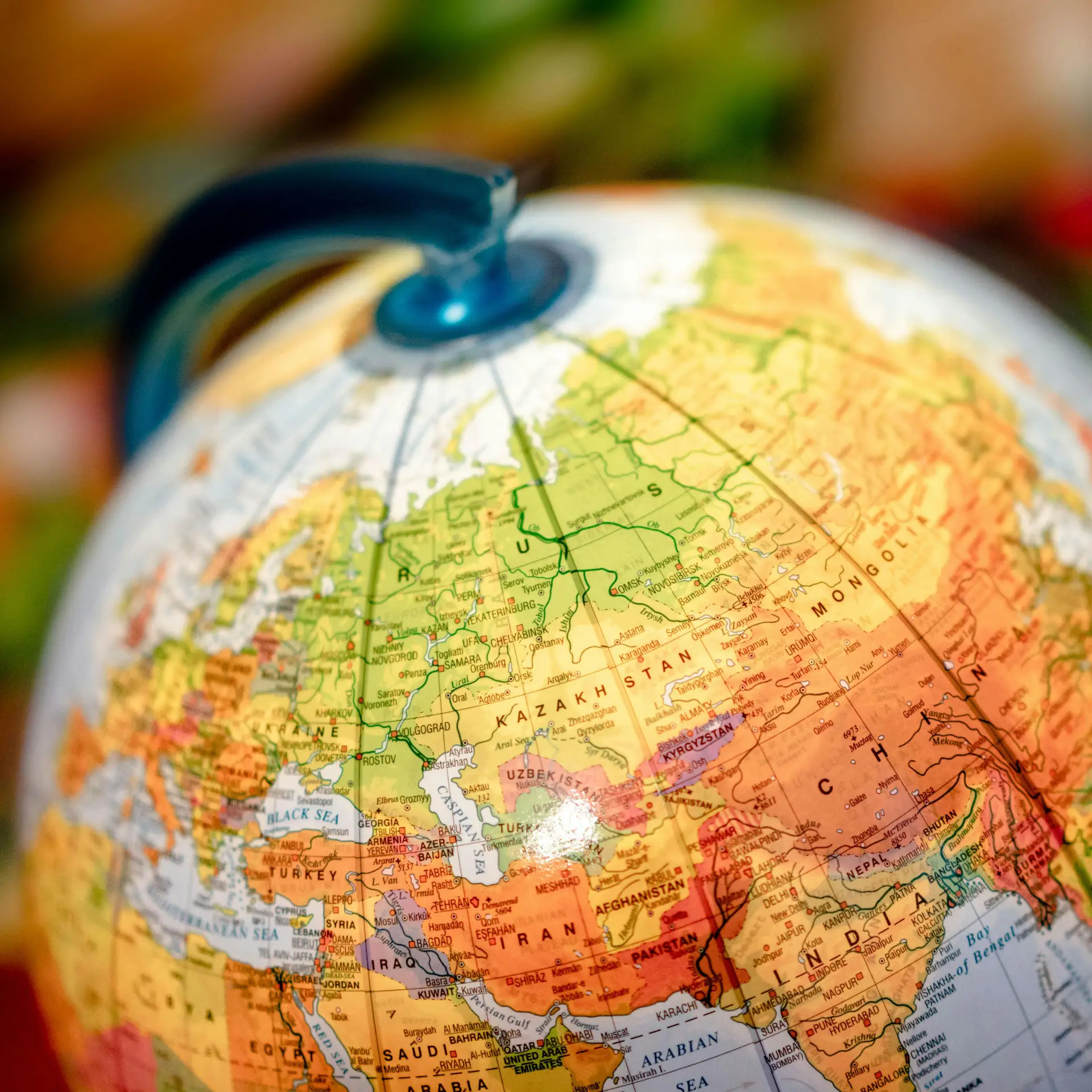 Close-up of a colorful globe Europe and Asia.