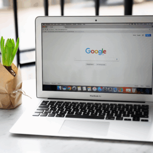 A laptop displaying the Google homepage sits on a desk. A small potted plant with bright green leaves is on the left.