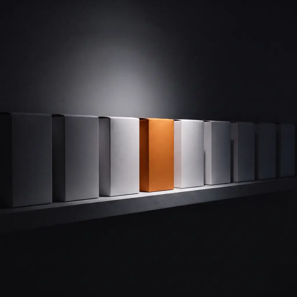 A single orange box lit by a spotlight in a row of plain white boxes on a dark shelf