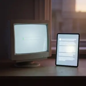 Old CRT computer monitor showing an empty search bar next to a modern tablet displaying a page of text
