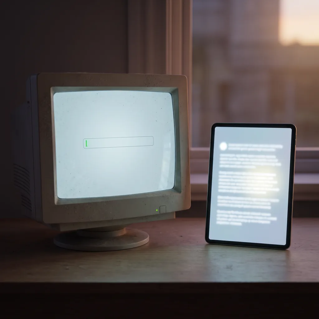 Old CRT computer monitor showing an empty search bar next to a modern tablet displaying a page of text
