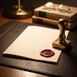 Cream document sealed with red wax beside a brass seal stamp, old books and reading glasses on a leather desk pad