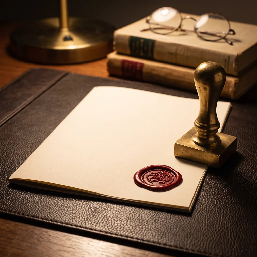Cream document sealed with red wax beside a brass seal stamp, old books and reading glasses on a leather desk pad